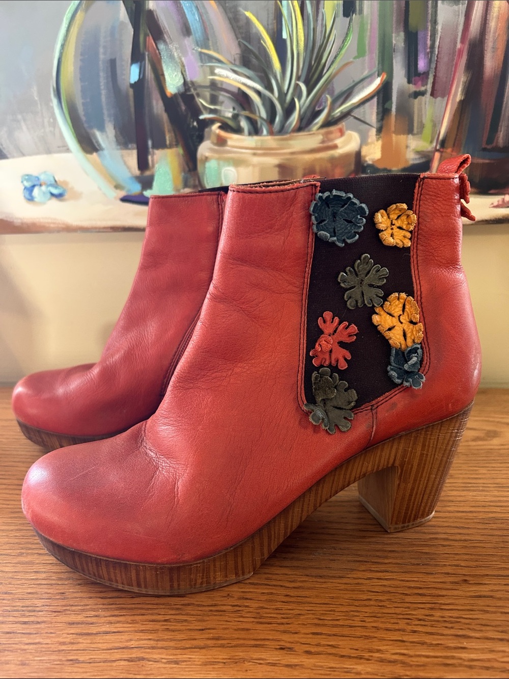 Vintage Women’s Orange Leather Floral Accent Ankle Boots - Picture 3 of 10